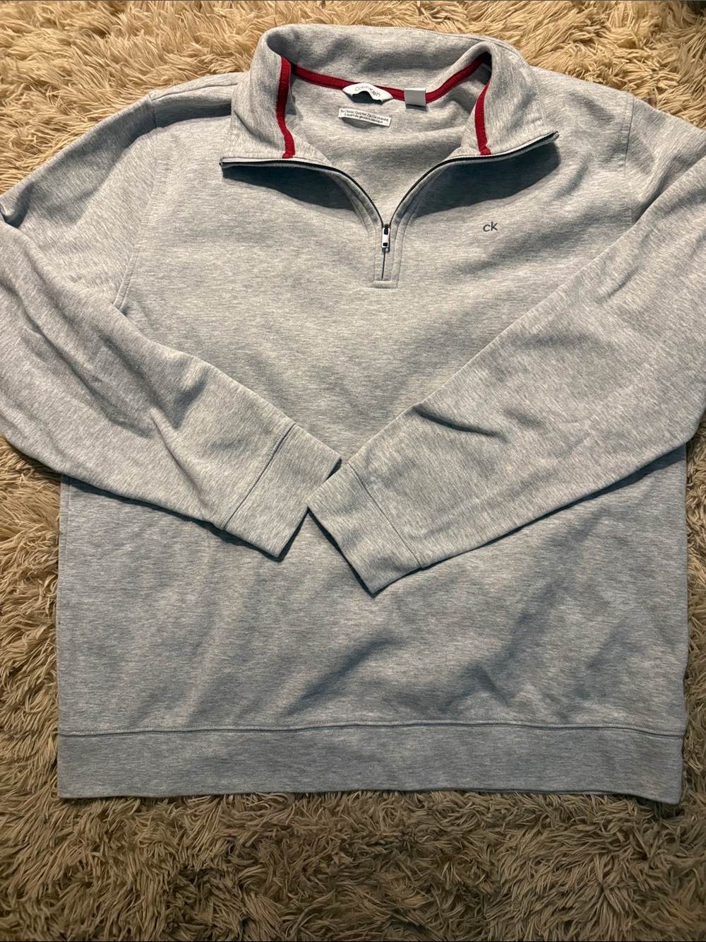 Calvin Klein Men’s Light Gray Quarter-Zip Pullover with Red Trim